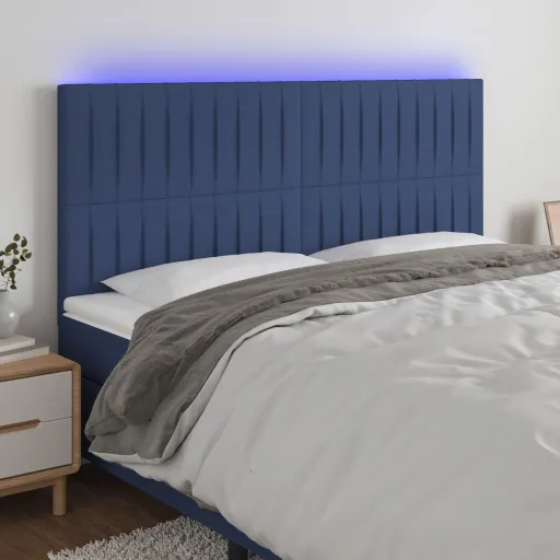 Cabeceira de Cama c/ Luzes LED Tecido 180x5x118/128 cm Azul