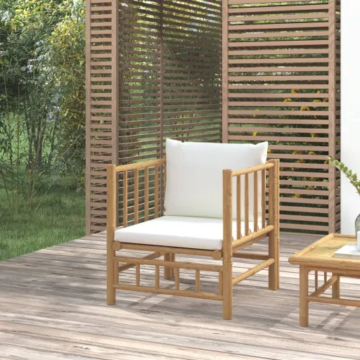 Sofá de Jardim Bambu com Almofadões Branco Nata