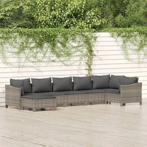 Conjunto Lounge de Jardim c/ Almofadões Vime PE Cinzento (7 pcs)