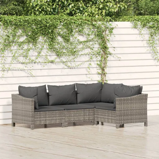 Conjunto Lounge de Jardim c/ Almofadões Vime PE Cinzento (4 pcs)