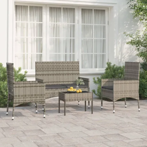 Conjunto Lounge de Jardim c/ Almofadões Vime PE Cinzento (4 pcs)