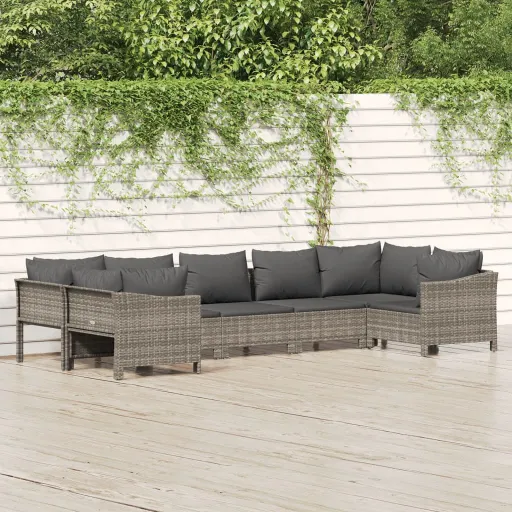 Conjunto Lounge de Jardim c/ Almofadões Vime PE Cinzento (7 pcs)