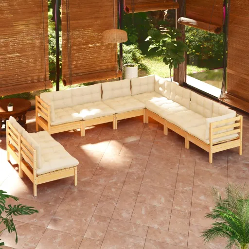 Conjunto Lounge Jardim c/ Almofadões Creme Pinho Maciço (9 pcs)