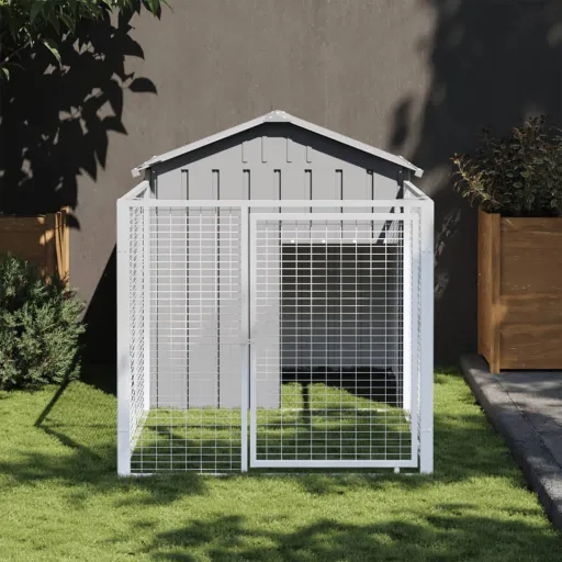 Casota para Cães com Parque Aço Galvanizado Cinzento-Claro