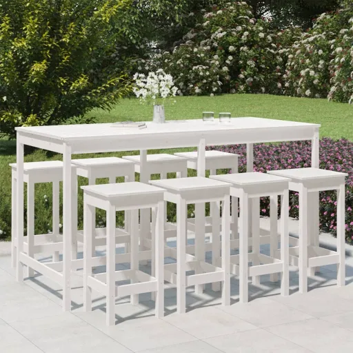 Conjunto de Bar para Jardim Pinho Maciço Branco (9 pcs)