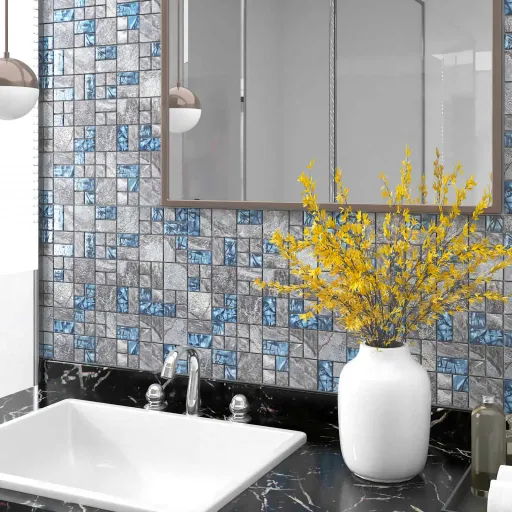 Ladrilhos de Mosaico   30x30 cm Vidro Cinzento e Azul (11 pcs)