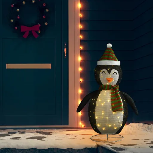 Pinguim de Natal Decorativo com Luzes LED Tecido de Luxo 120 cm