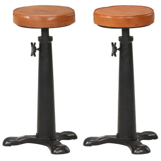 Bancos de Bar   Couro Genuíno Castanho e Ferro Fundido (2 pcs)