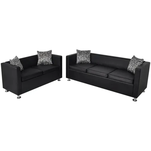 Conjunto de Sofás de 2 e 3 Lugares Couro Artificial Preto