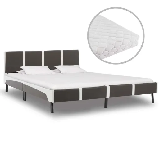 Cama com Colchão 180x200 cm Couro Artificial Cinzento e Branco