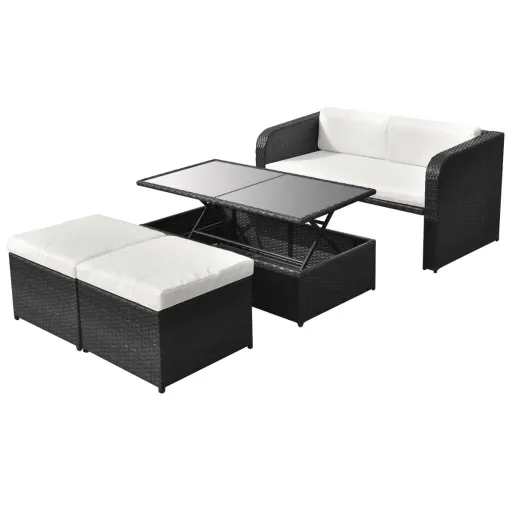 Conjunto Lounge de Jardim c/ Almofadões Vime PE Preto (4 pcs)