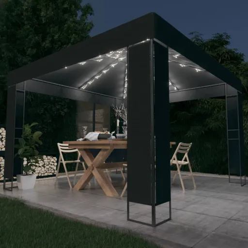 Gazebo com Toldo Duplo e Cordões de Luzes LED 3x3 m Antracite