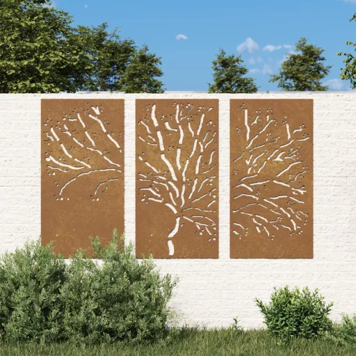 Decoração Muro de Jardim   105x55cm Aço Corten Design Árvore (3 pcs)