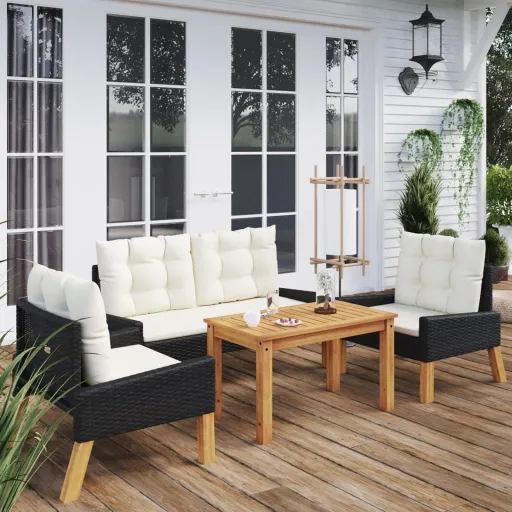 Conj. Lounge Jardim c/ Almofadões Vime PE/Madeira Maciça (4 pcs)