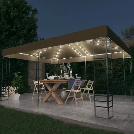 Gazebo com Cordões de Luzes LED 3x4 m Cinza-Acastanhado