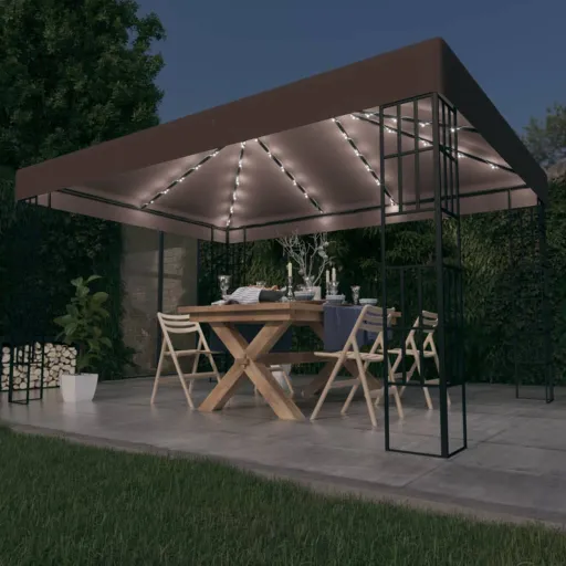 Gazebo com Cordões de Luzes LED 4x3 m Cinza-Acastanhado