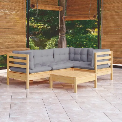 Conjunto Lounge de Jardim c/ Almofadões Cinza Pinho (5 pcs)