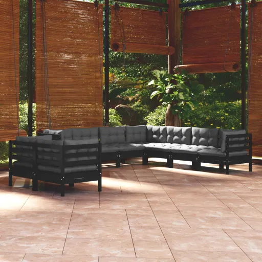 Conjunto Lounge Jardim c/ Almofadões Pinho Maciço Preto (9 pcs)