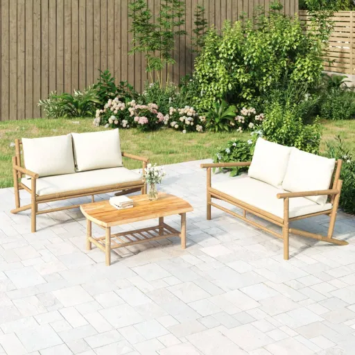 Conjunto Lounge de Jardim Bambu c/ Almofadões Branco Nata (3 pcs)