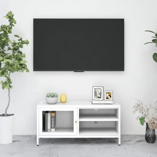 Móvel de TV 90x30x44 cm Vidro e Aço Branco