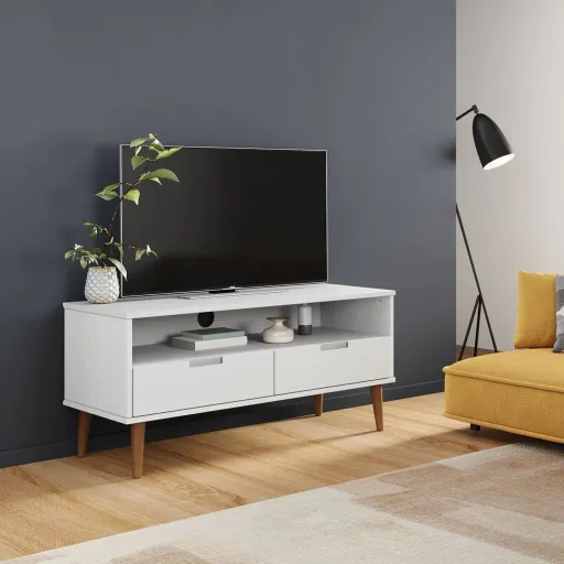 Móvel de TV MOLDE 106x40x49 cm Pinho Maciço Branco