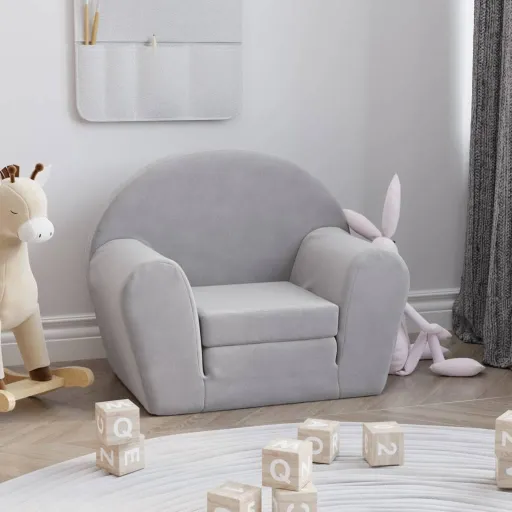 Sofá-Cama Infantil Pelúcia Macia Cinzento-Claro