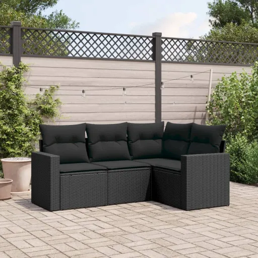 Conjunto de Sofás para Jardim c/ Almofadões Vime PE Preto (4 pcs)