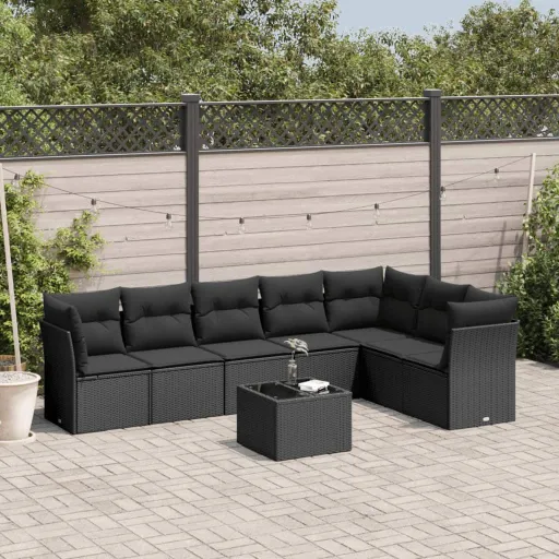 Conjunto Sofás de Jardim com Almofadões Vime PE Preto (8 pcs)