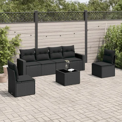 Conjunto de Sofás p/ Jardim c/ Almofadões Vime PE Preto (7 pcs)