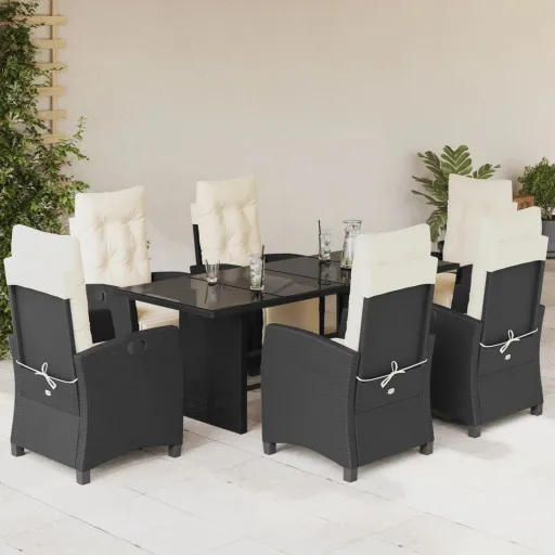 Conjunto de Jantar p/ Jardim c/ Almofadões Vime PE Preto (7 pcs)