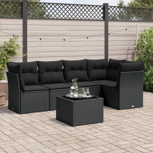 Conjunto Sofás de Jardim c/ Almofadões Vime PE Preto (6 pcs)