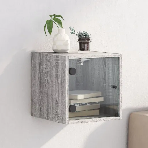 Mesa de Cabeceira c/ Porta de Vidro 35x37x35 cm Cinzento Sonoma