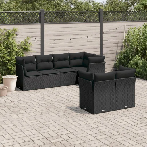 Conjunto de Sofás p/ Jardim c/ Almofadões Vime PE Preto (7 pcs)