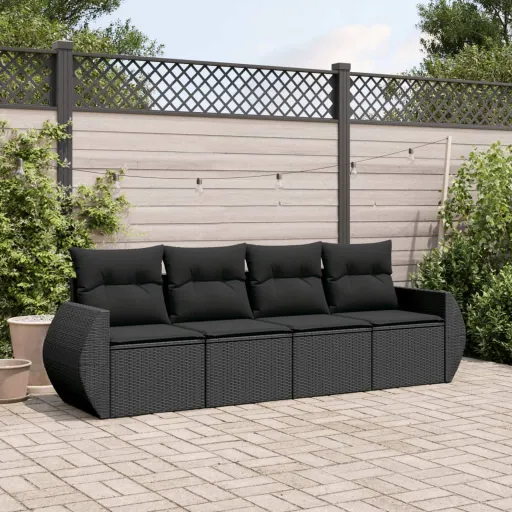 Conjunto de Sofás para Jardim c/ Almofadões Vime PE Preto (4 pcs)