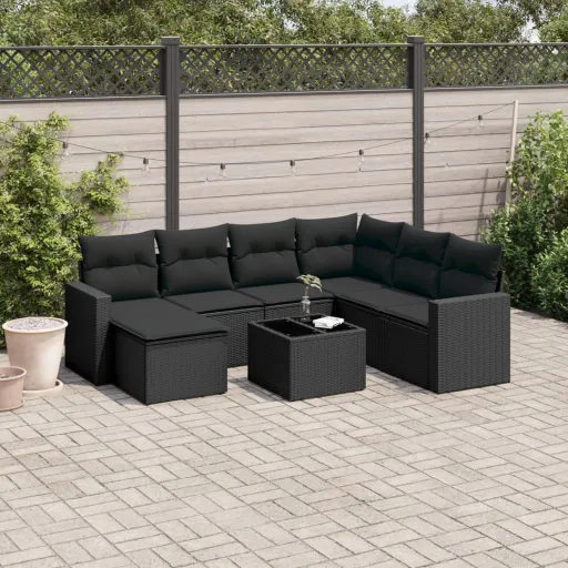 Conjunto Sofás de Jardim com Almofadões Vime PE Preto (8 pcs)