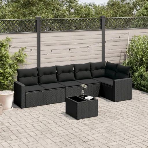 Conjunto de Sofás p/ Jardim c/ Almofadões Vime PE Preto (7 pcs)