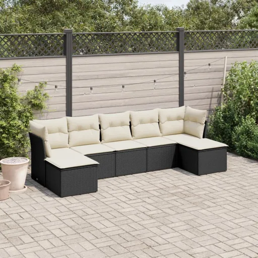 Conjunto de Sofás p/ Jardim c/ Almofadões Vime PE Preto (7 pcs)