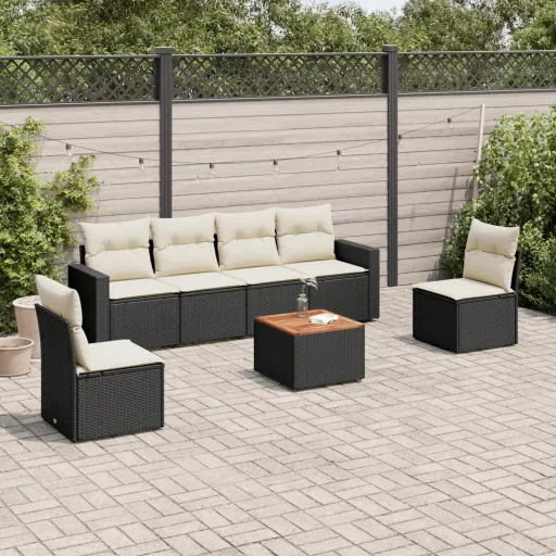 Conjunto de Sofás p/ Jardim c/ Almofadões Vime PE Preto (7 pcs)