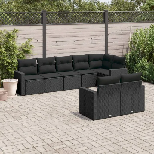 Conjunto Sofás de Jardim com Almofadões Vime PE Preto (8 pcs)