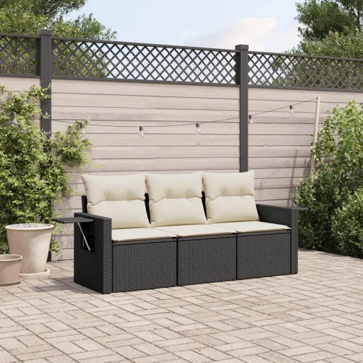 Conjunto Sofás de Jardim com Almofadões Vime PE Preto (3 pcs)