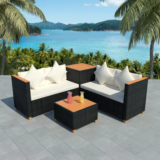 Conjunto Lounge de Jardim c/ Almofadões Vime PE Preto (4 pcs)