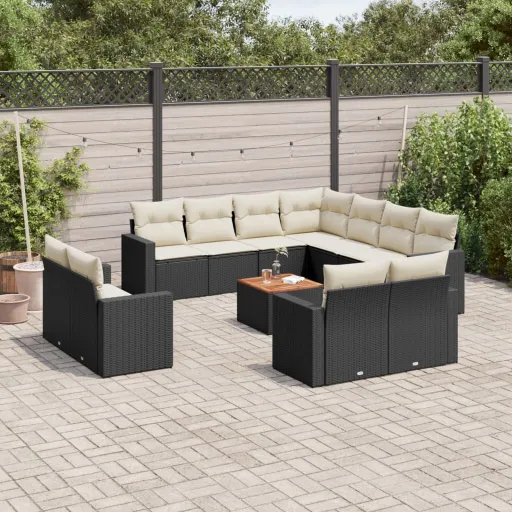 Conjunto de Sofás de Jardim com Almofadões Vime PE Preto (13 pcs)