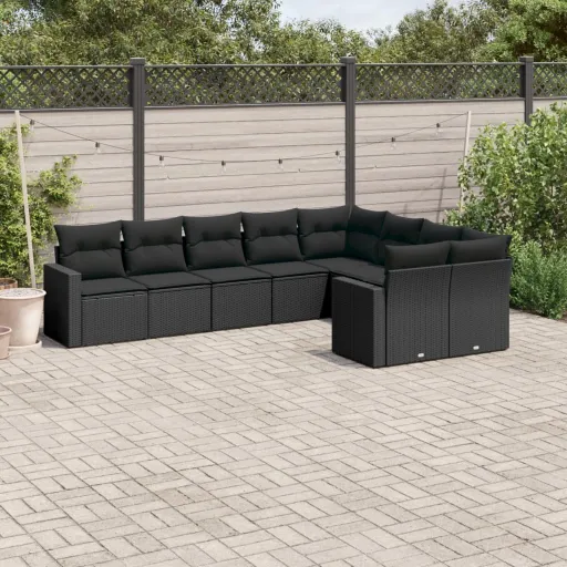 Conjunto de Sofás p/ Jardim c/ Almofadões Vime PE Preto (9 pcs)