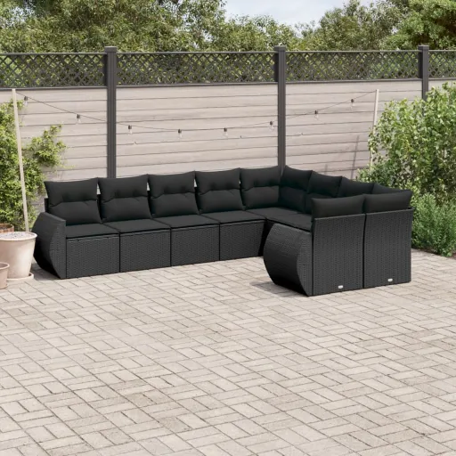 Conjunto de Sofás p/ Jardim c/ Almofadões Vime PE Preto (9 pcs)