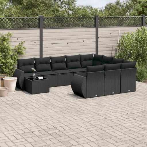 Conjunto Sofás de Jardim c/ Almofadões Vime PE Preto (11 pcs)