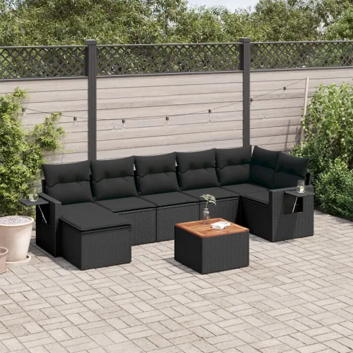 Conjunto Sofás de Jardim com Almofadões Vime PE Preto (8 pcs)