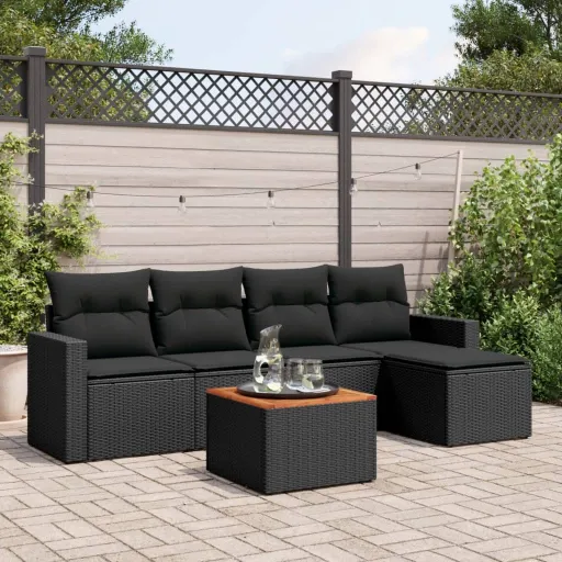 Conjunto Sofás de Jardim c/ Almofadões Vime PE Preto (6 pcs)