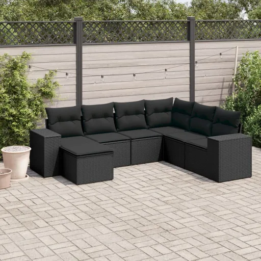 Conjunto de Sofás p/ Jardim c/ Almofadões Vime PE Preto (7 pcs)