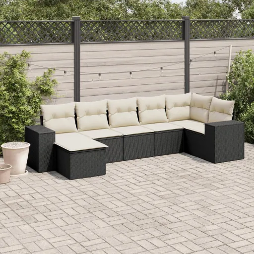 Conjunto de Sofás p/ Jardim c/ Almofadões Vime PE Preto (7 pcs)