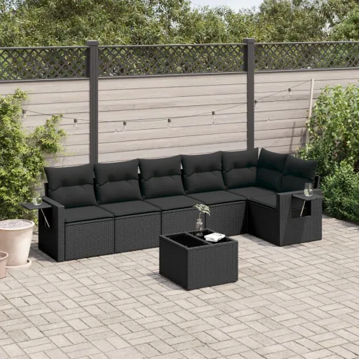 Conjunto de Sofás p/ Jardim c/ Almofadões Vime PE Preto (7 pcs)